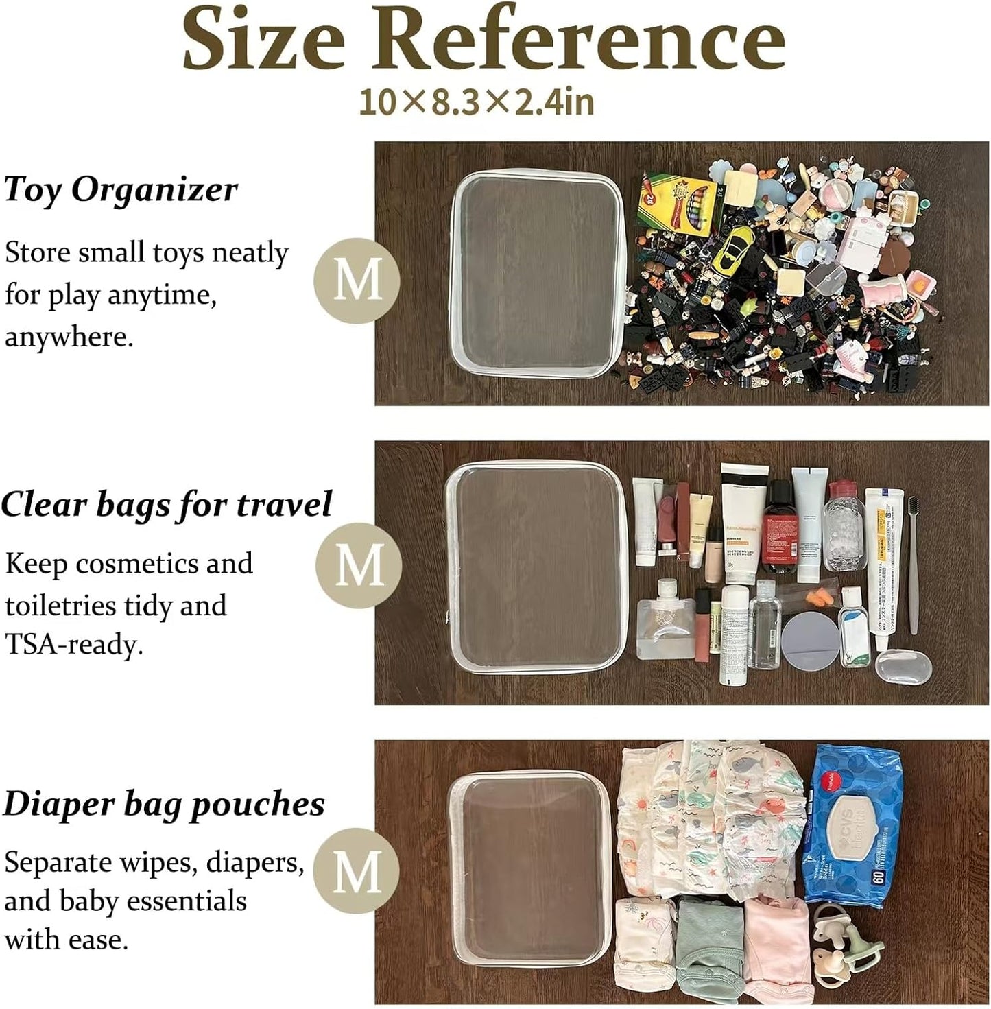 4 pcs Clear Zipper Pouches,Hard Shell Zipper Case, Toiletry Bag for Travel, CLear Diaper Bag, Toiletry Pouch, Travel Organizer, Clear Cosmetic Bag,Toy Storage Bins (M+3S)(Black)