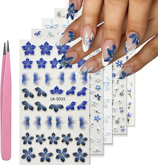 Nail Art Stickers Decals 5D Embossed Flower Nail Decals Self Adhesive Spring Summer Nails Supplies 3D Design for Women Nails Decoration Fresh Blue Purple Flower Stickers