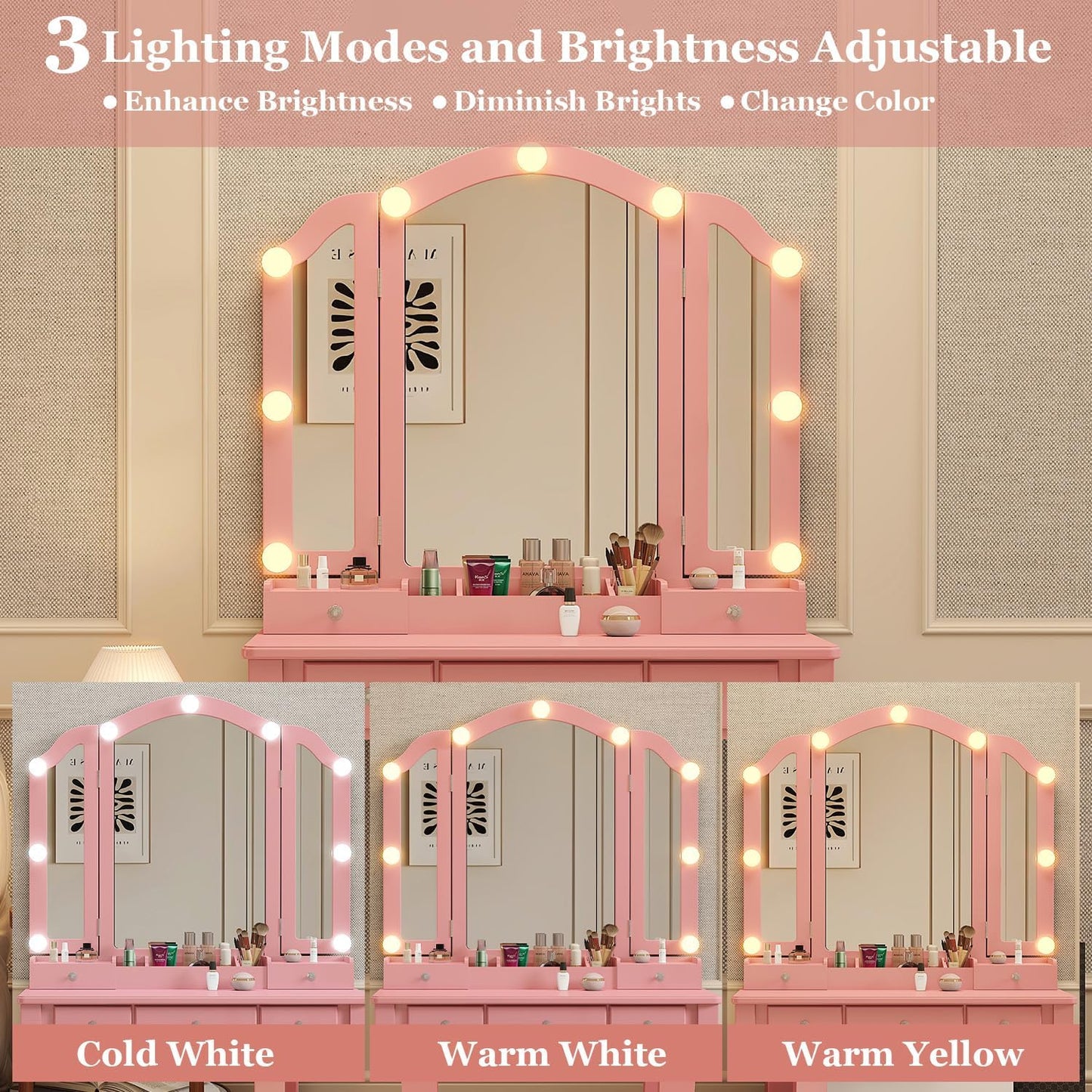 Vanity with Lights Girls Vanity Desk Set with Drawers Makeup Vanity Desk with Mirror and Lights Make Up Pink Makeup Vanity for Girls Table with Stool