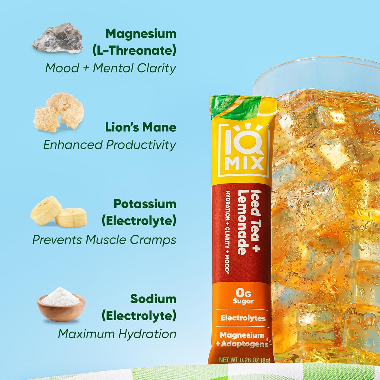 IQMIX Hydration Electrolyte Powder – 4-in-1 Formula for Hydration, Mental Clarity, Mood and Recovery – Sugar-Free Drink Mix, Keto, Magnesium L-Threonate, Lion’s Mane – 20 Count New Iced Tea Lemonade