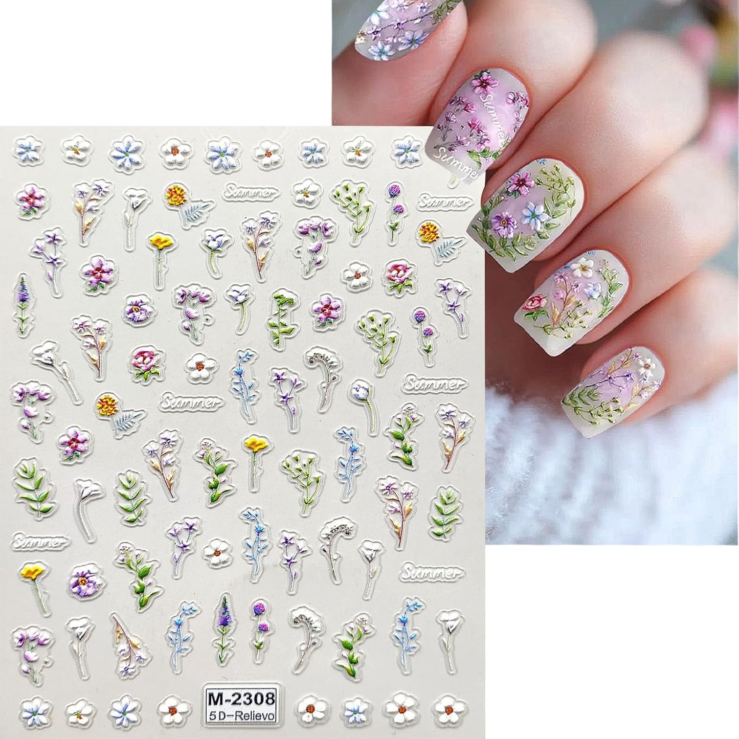 Flower Nail Stickers for Nail Art 5D Embossed Nails Decals Self Adhesive Spring Summer Floral Nails Decoration for Women 3D Design Colorful Flower Daisy Lavender Supplies