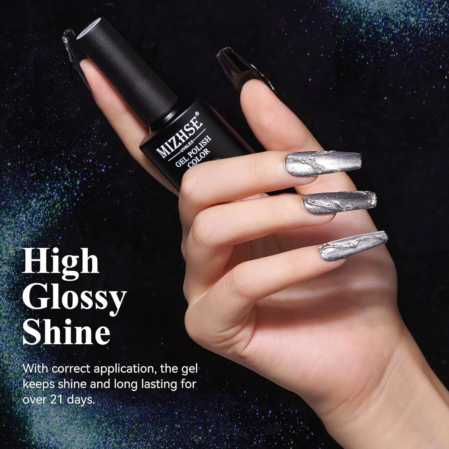 MIZHSE 9D Cat Eye Gel Nail Polish, Silver Magnetic Gel Polish with Magnet Stick, Magic Shimmer Galaxy Effect Holographic Glitter Silky Cat Eye Nail Polish Soak Off Nail Art Salon Manicure DIY at Home