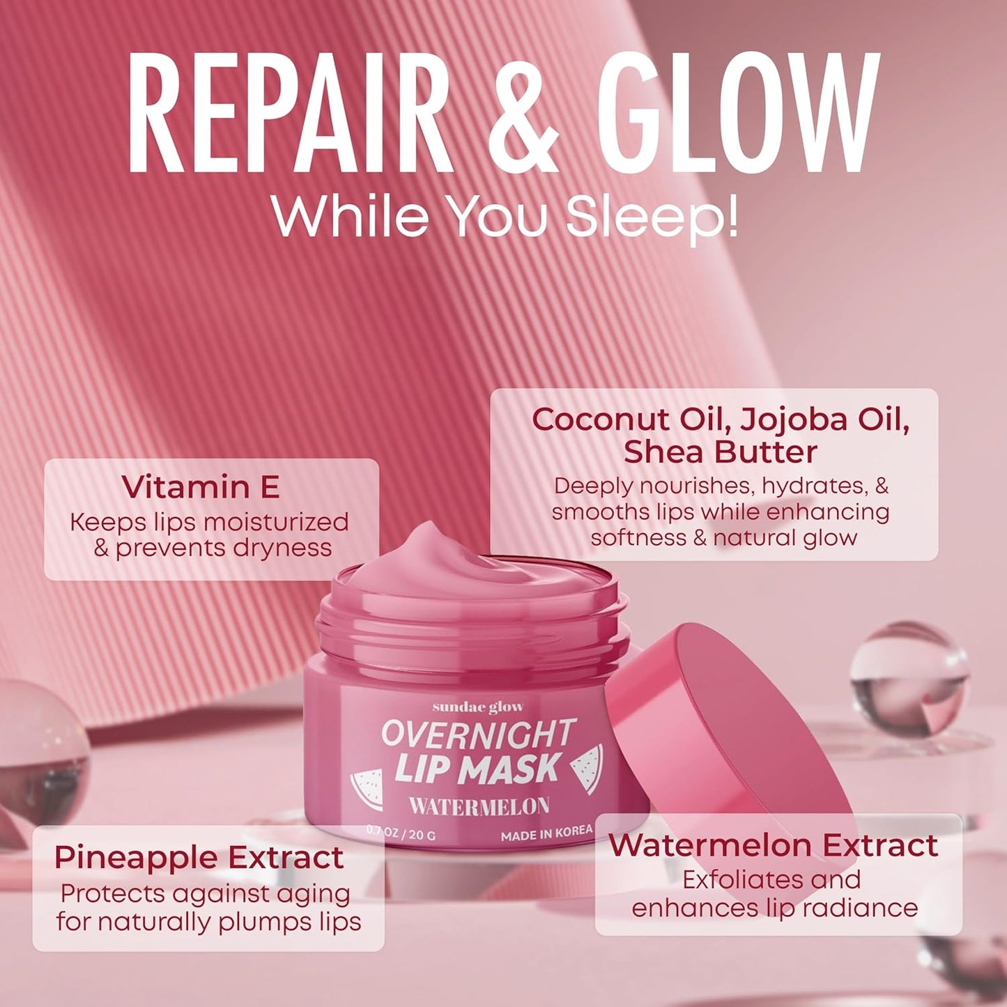 Watermelon Lip Mask - Dermatologist Tested, Anti-Aging, Korean Skin Care, Deep Hydration, Overnight Lip Repair - Vegan, Clean Beauty, 95% Natural, Cruelty-Free - 1 Pack