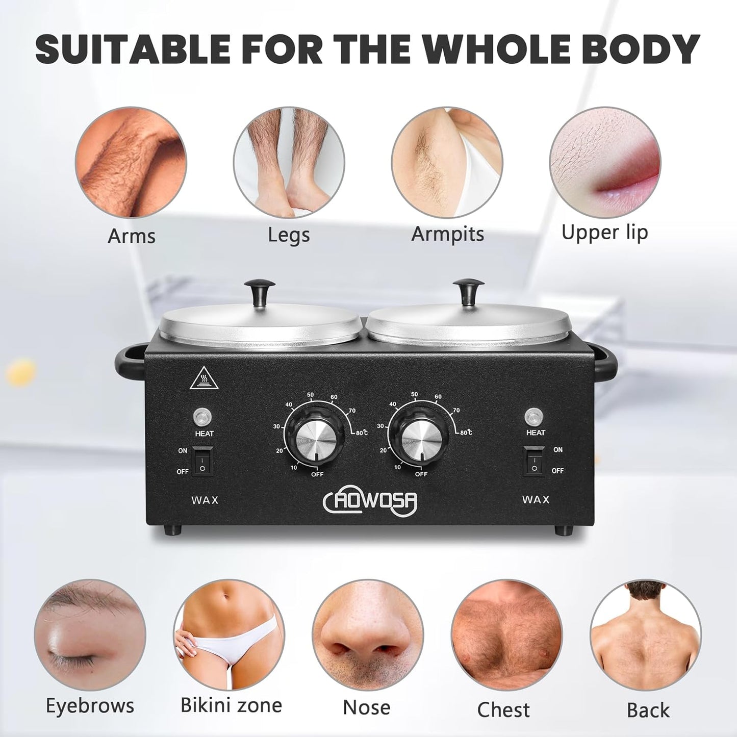 Professional Hair Removal Kit - Wax Warmer Machine with Double Pot, Large Capacity for Spa Salon and Home Use, Non-Stick Easy Clean Pots, 50 Sticks & 20 Collars (Black)