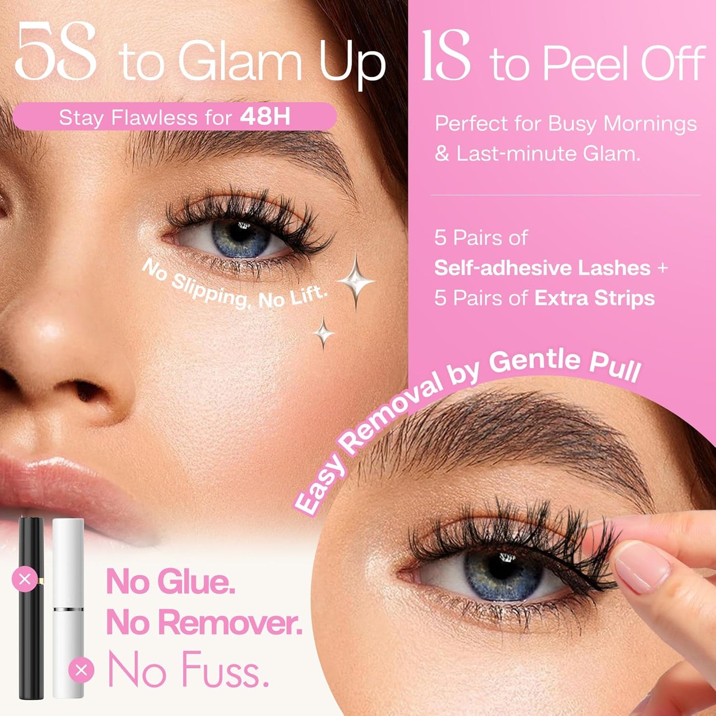 CALAILIS Self Adhesive Eyelashes 5 Pairs Natural Look Press On Lashes No Glue Need Eyelashes Reusable Cat Eye Wispy Self-adhesive False Lashes with Replacement Adhesive Strips (C001)