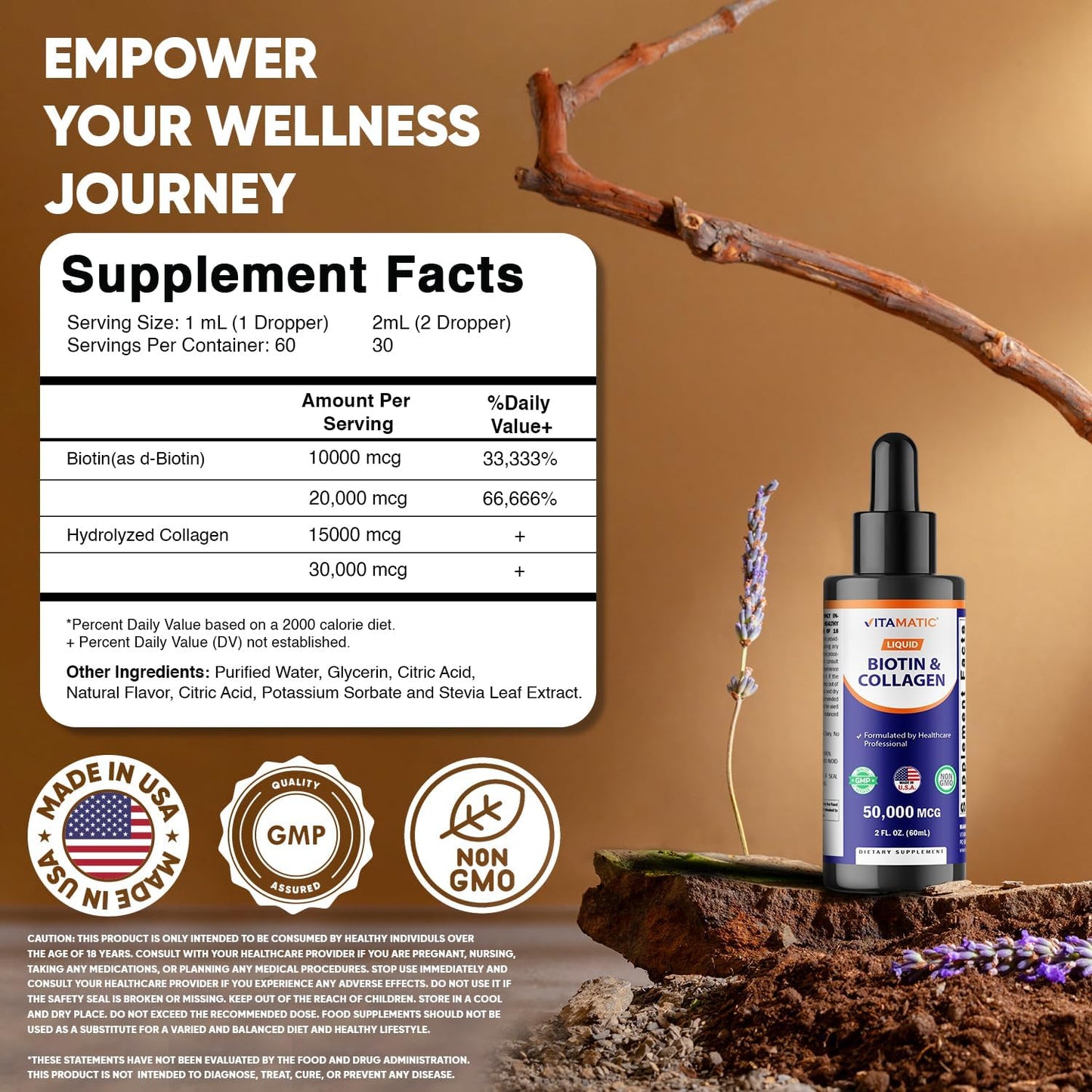 Vitamatic Liquid Biotin & Collagen Drops – 50,000 mcg – 2 fl oz Supports Healthy Hair Growth, Glowing Skin & Strong Nails – for Women and Men