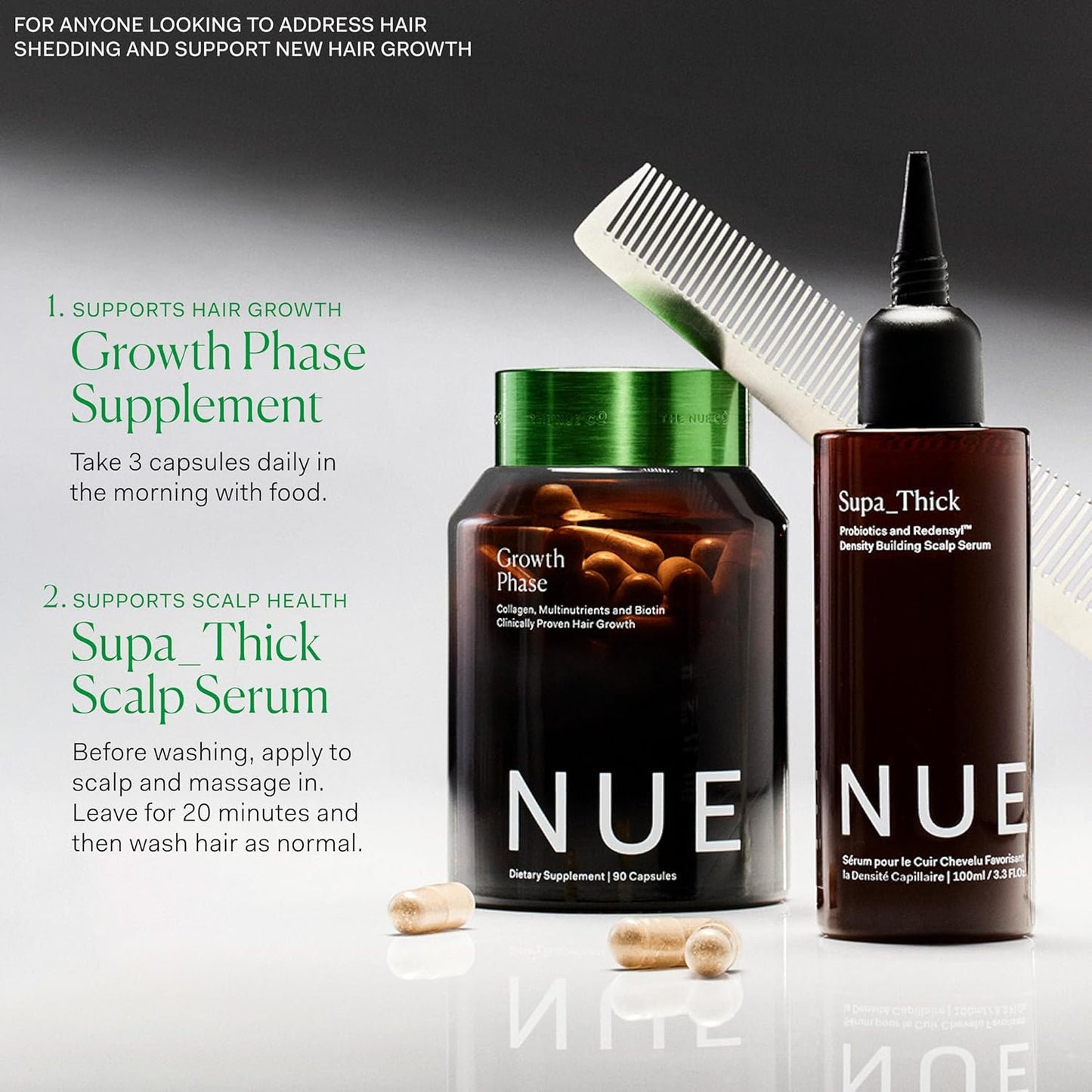 The Nue Co. GROWTH Phase Supplement, Supports Hair Growth, Reduces Breakage, Thicker & Fuller Hair, Contains Vitamins, Reishsi Mushrooms, Proteins & Adaptogens, Vegan, Gluten Free, 90 Capsules