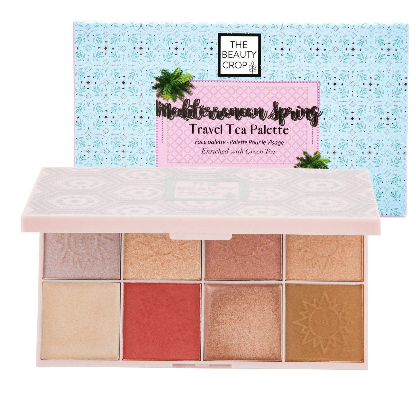 The Beauty Crop - Travel Tea Face Palette - Mediterranean Spring | Highly Pigmented Shades | Richly Toned Palette | Comes in Matte, Creamy, Metallic & Glitter Finish | Long Wearing | Cruelty Free