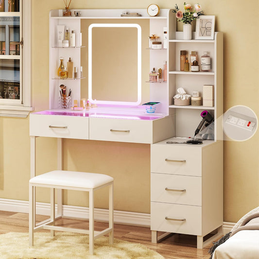 Vanity Desk with Mirror and LED Lights, 43" Makeup Vanity with Glass Top & Wireless Charging, Vanity with RGB Drawers, 3 Colors Light, Power Outlet Safety Switch for Bedroom, White