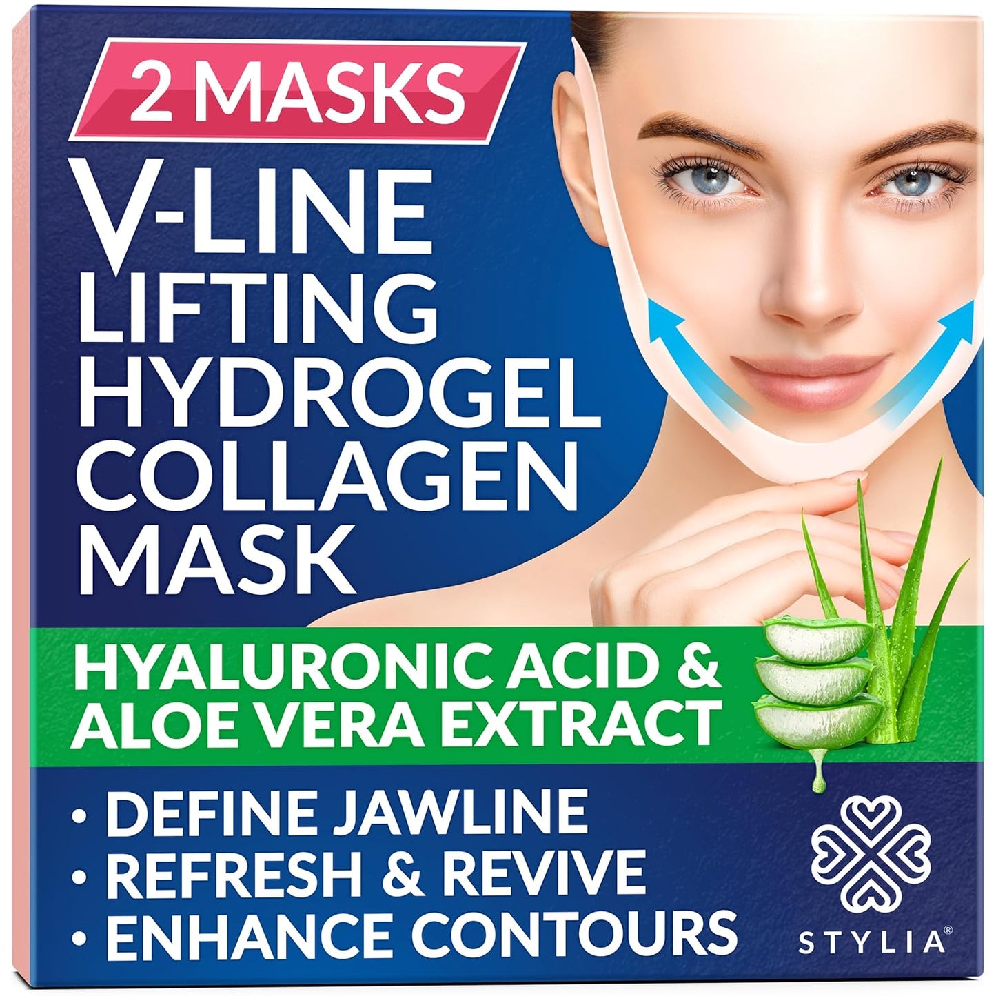 Stylia V Line Lifting Collagen Face Mask - Double Chin Strap for Women - Jawline Shaper Face Lift Tape - Neck Lift Collagen Mask - Chin Strap for Sleeping - Hyaluronic Acid, Aloe Vera, Cica 2PC