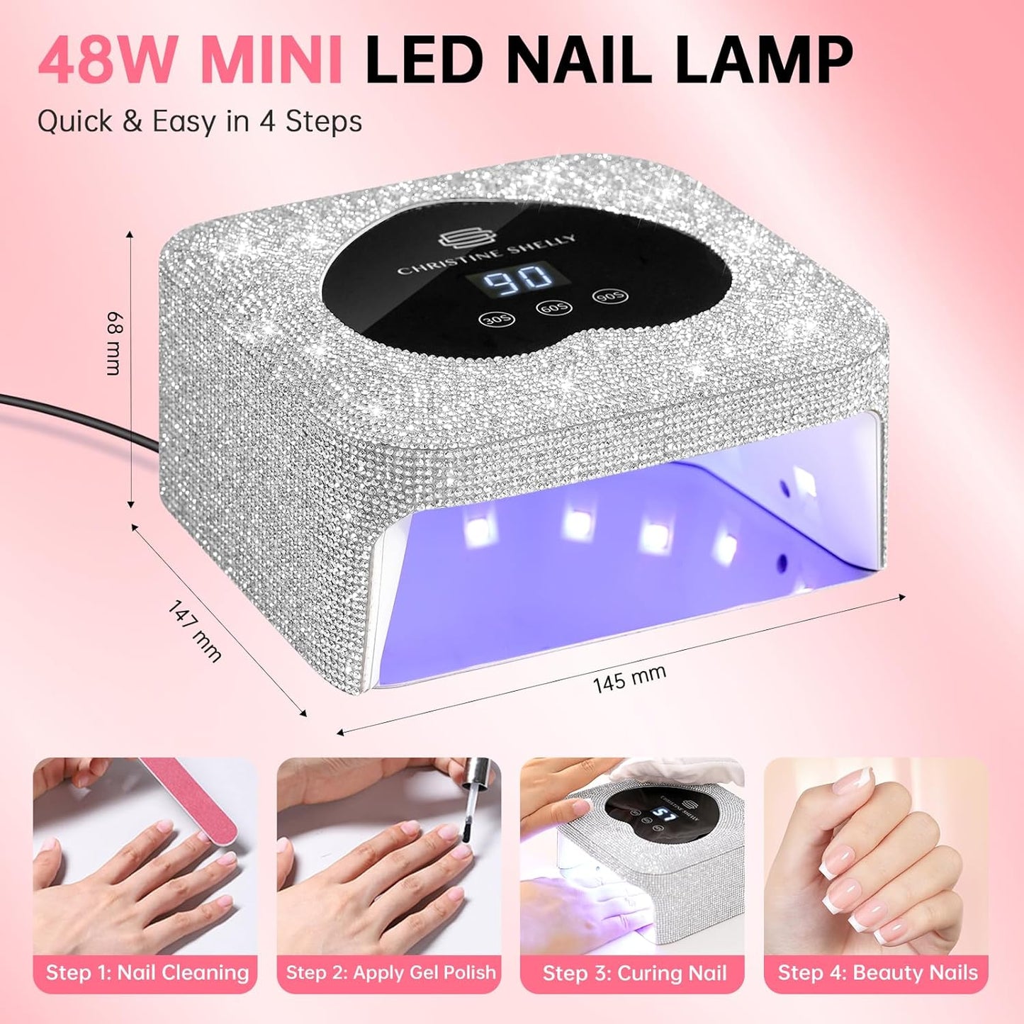 UV Nail Lamp, CHRISTINE SHELLY UV Light for Gel Nails, 48W Plug-in Mini Diamond Nail Lamp Nail Dryer with Touch Control Auto Sensor and 3 Timer Settings Nail Light Curing Lamp, Home, White Diamond