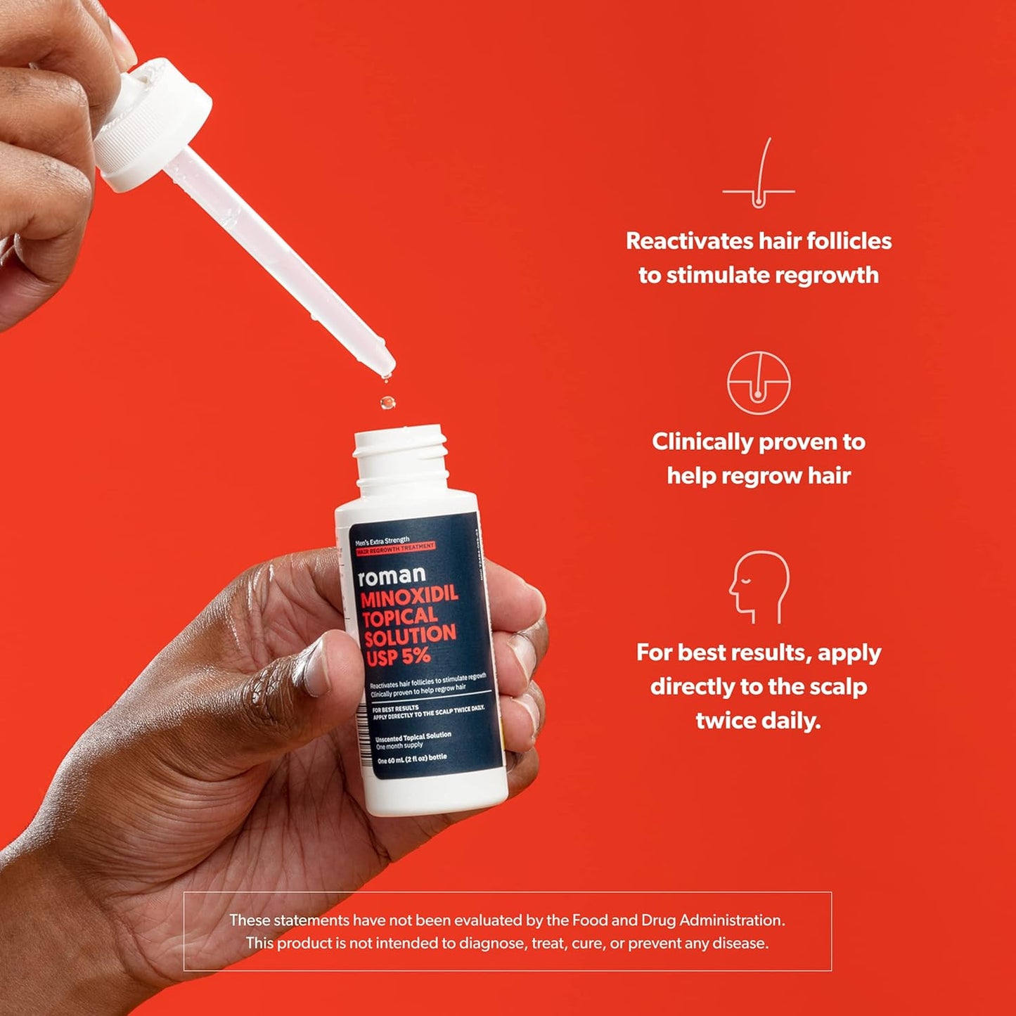 Roman Men's Topical Solution for Hair Regrowth | 5% Minoxidil, Unscented, 3-Month Supply