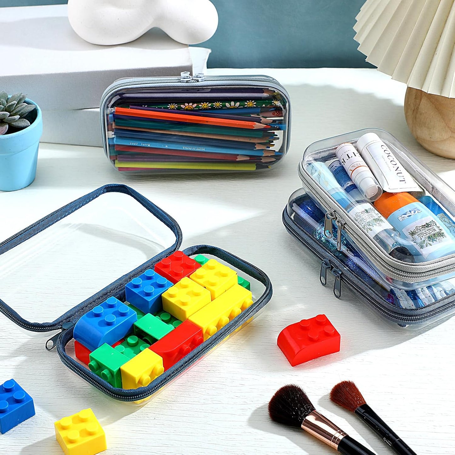 Hoolerry 4 Pcs Hard Clear Zipper Case Makeup Bags Plastic Pencil Pouch Transparent Storage Box Containers for Cosmetics, Snacks, Building Blocks, Puzzles(Morandi,7.5 x 3.9 x 2 in)