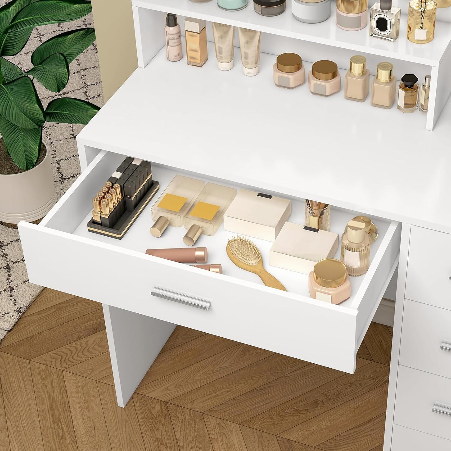 Quimoo Makeup Vanity Desk with LIighted Mirror, Vanity Desk with 5 Drawers & Storage Shelves, Vanity Table, 3 Color Modes & Adjustable Brightness Dressing Table, Bedroom