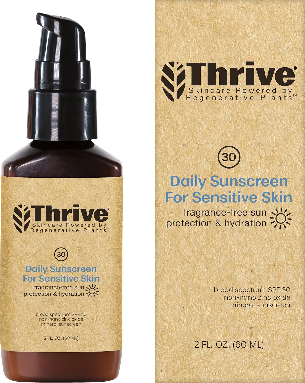 Thrive Natural Care Mineral Face Sunscreen for Sensitive Skin SPF 30, 2 Ounces - Moisturizing Unscented Sunscreen for Face - Broad Spectrum with Clear Zinc Oxide - Vegan