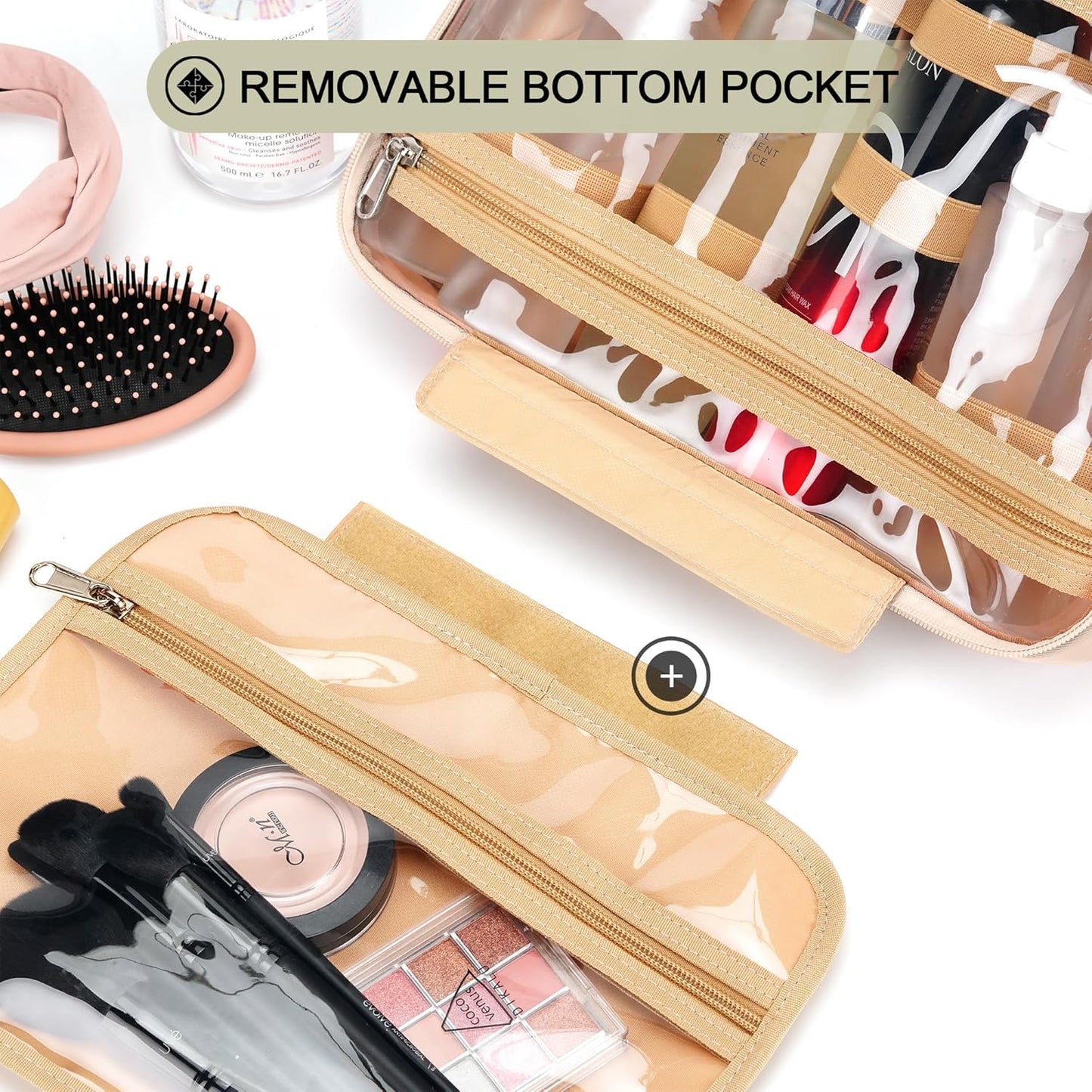 Travel Hanging Toiletry Bag for Women, Cruise Ship Essentials, with Jewelry Organizer, Extra Large Makeup Dopp Kit, Waterproof Cosmetic Bags, Toiletries Kit Set with Trolley Belt, Khaki