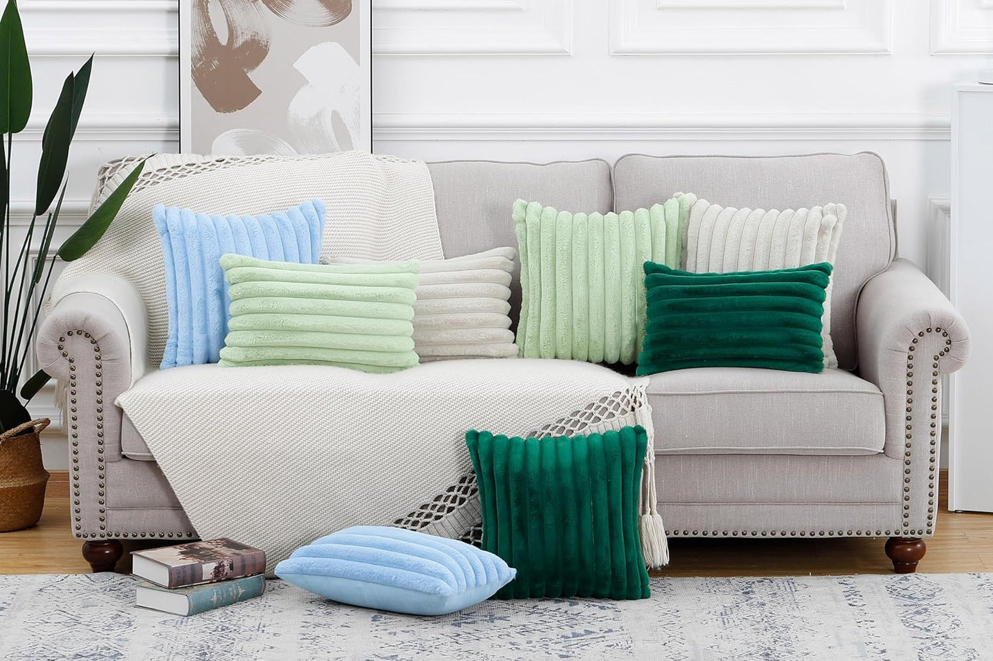 MADIZZ Set of 2 Faux Wool Plush Decorative Throw Pillow Covers 24x24 Inch Green Fluffy Striped Soft Decorative Cushion Cover for Sofa Bedroom Pillow Shell