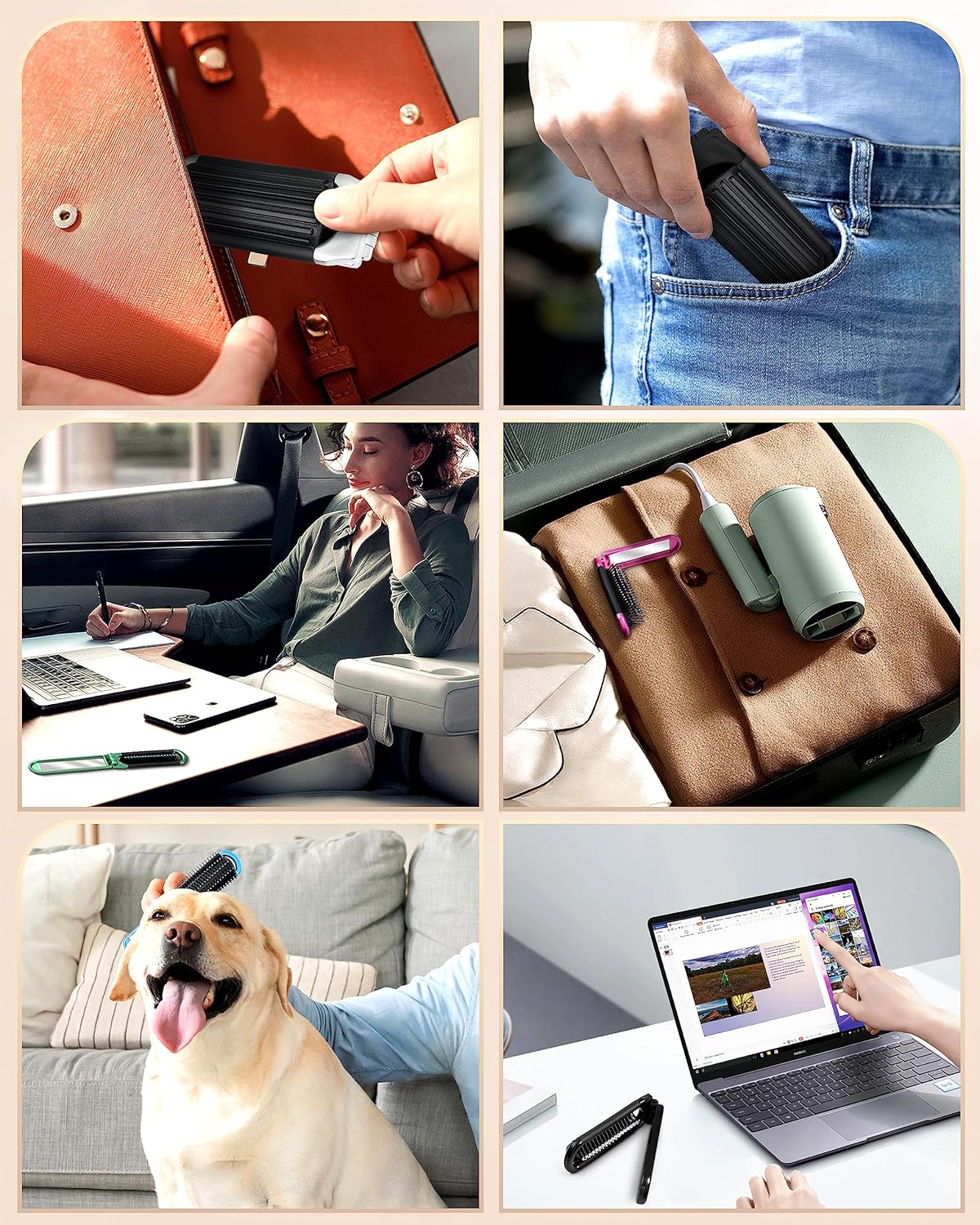 6 PCS Folding Travel Hairbrush Set with Compact Mirror for Women - Mini Pocket Brush with Mirror for Purse and Girls