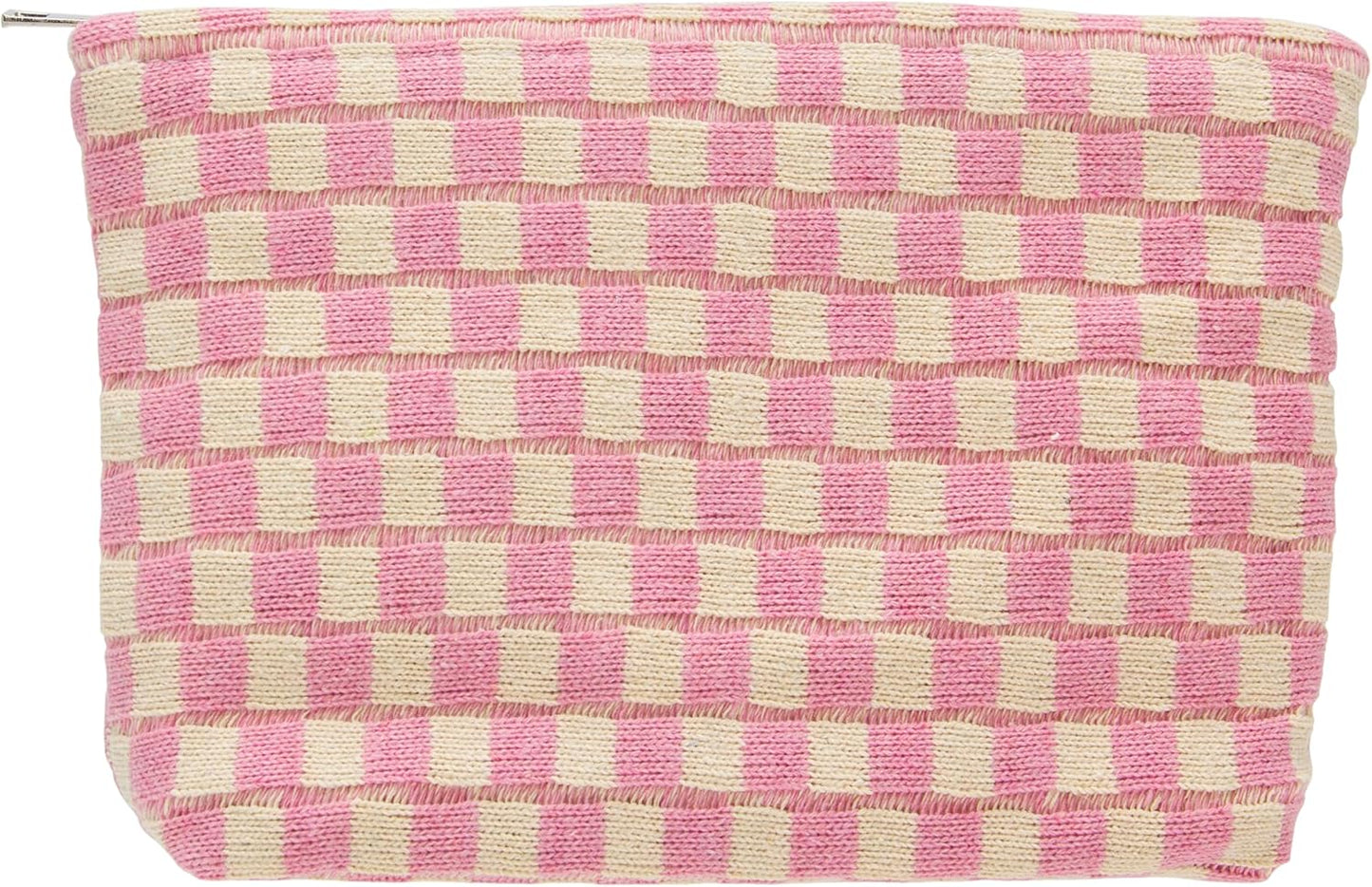 Knitted Checkered Makeup Bag Large Zipper Make Up Accessory Pouch for Purse Cosmetic Brush Bag for Travel Essential Pink Beige