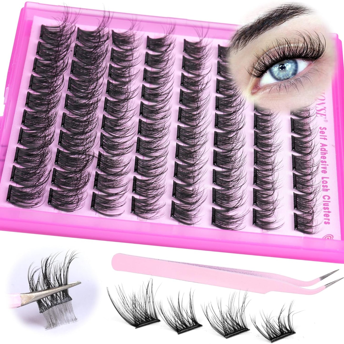Reusable Self Adhesive Eyelashes Wispy Self Adhesive Lash Clusters Fluffy Press on Lashes Extension 10-16mm Glueless Lashes Clusters with Tweezers by ALPHONSE