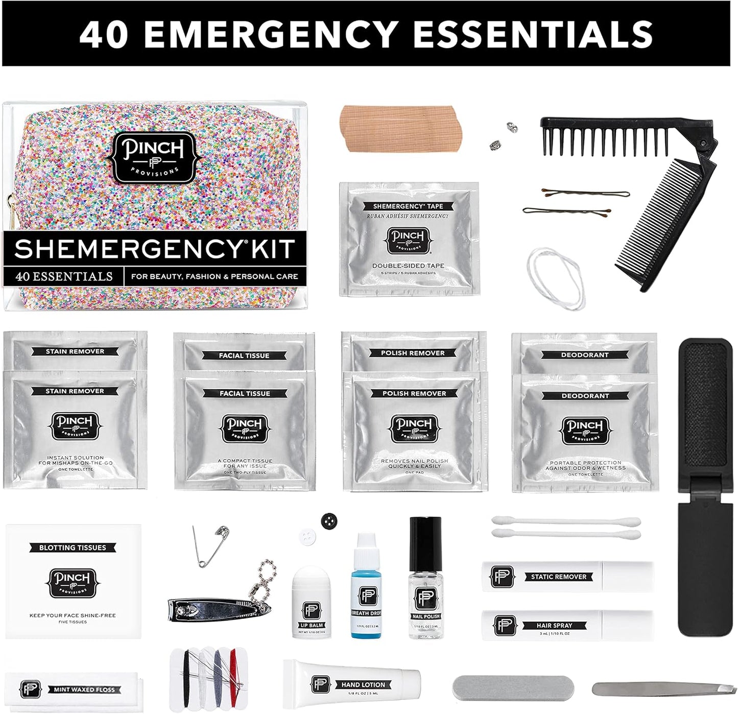 Pinch Provisions Shemergency Kit for Her, 40 Emergency Essential Items, Compact, Multi-Functional Pouch, Gift for Women, Birthday, Bachelorette Parties, and More!