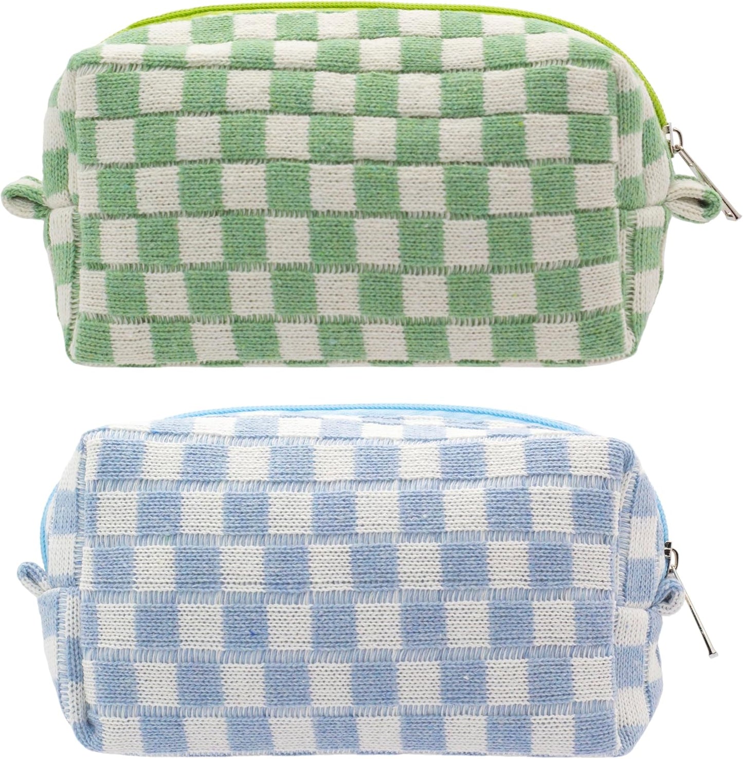 PAZIMIIK Checkered Makeup Bag for Purse Portable Zipper Make Up Pouch Small Cosmetic Case for Travel Accessories (2PCS Blue Light Green)