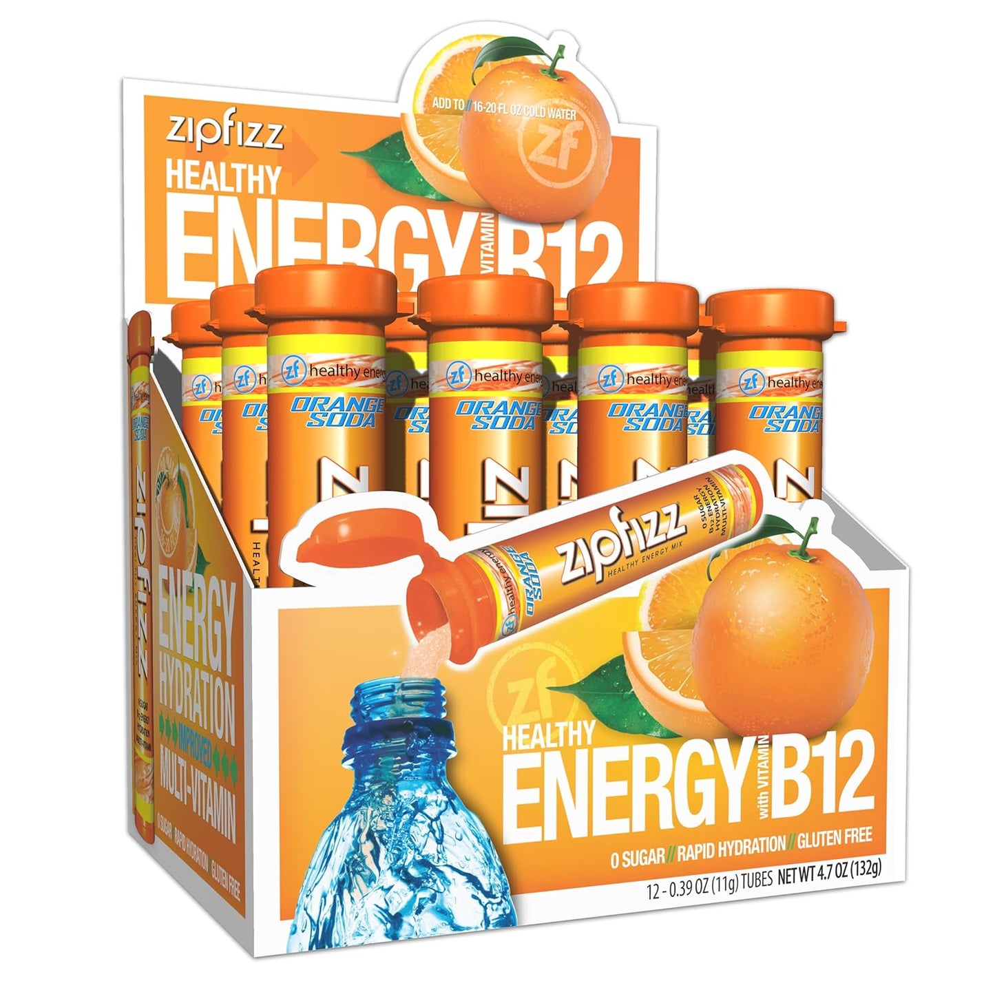 Zipfizz Daily Energy Drink Powder, Orange Soda, 12 Pack | 3-in-1 Sustained Energy, Rapid Hydration, and Essential Vitamins | Sugar-Free | Electrolyte Powder | Contains Vitamin B-12 & Antioxidants