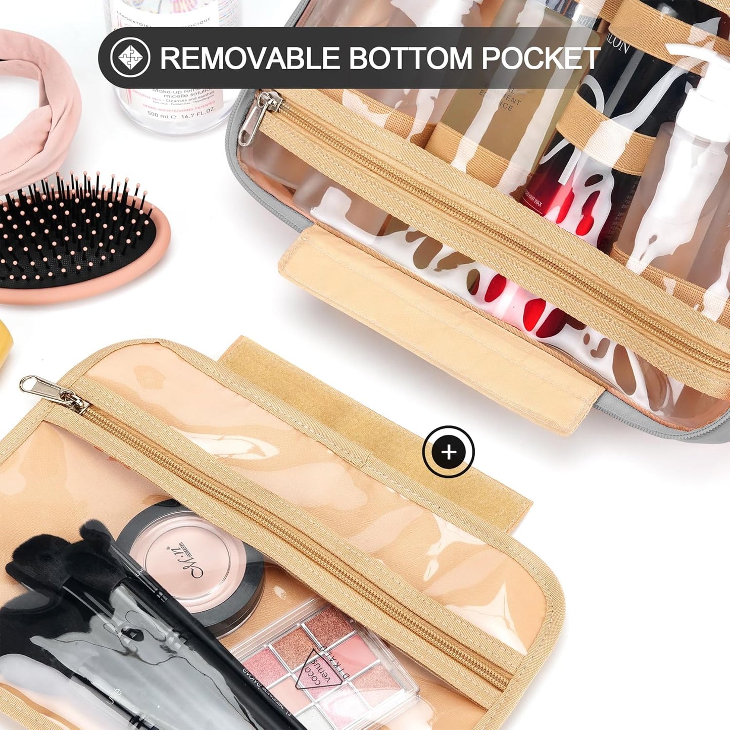 Travel Hanging Toiletry Bag for Women, Holds Full-Size Shampoo, with Jewelry Organizer Compartment, Extra Large Makeup Bag, Waterproof Cosmetic Bag, Toiletries Kit Set with Trolley Belt, Grey