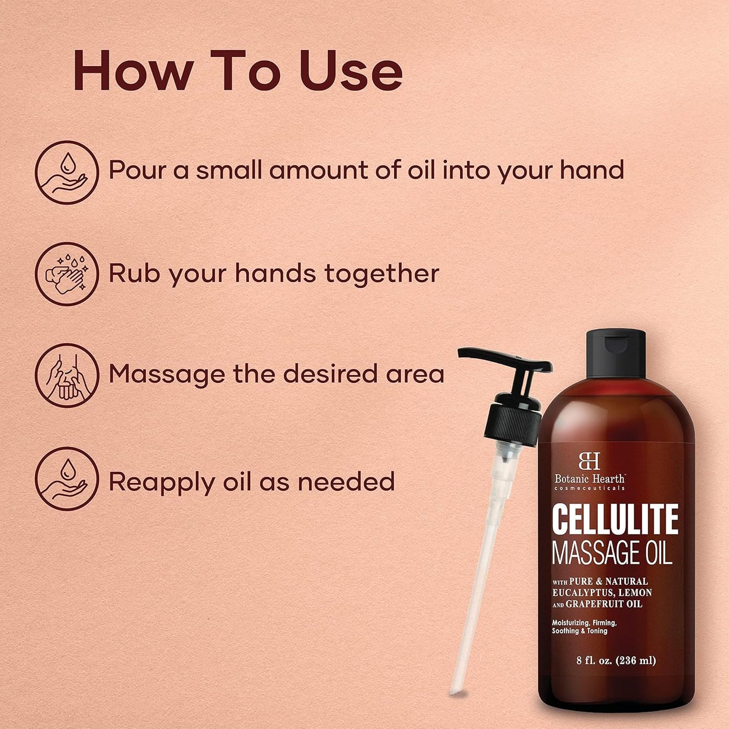 Botanic Hearth Anti Cellulite Massage Oil | Cellulite Oil for Thighs and Butt Firming | Unique Blend of Massage Essential Oils | Improves Skin Tone, Skin Firmness & Tightness | 8 Fl Oz