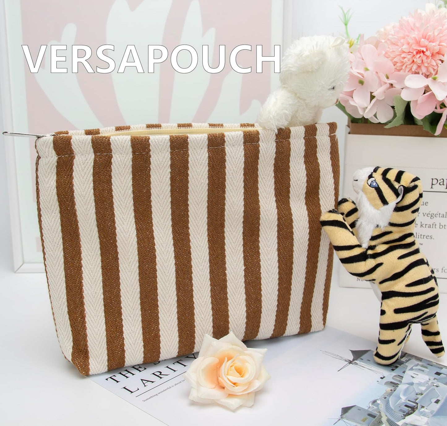 PAZIMIIK Makeup Bag Large Cotton Zipper Pouch for Purse Travel Canvas Make Up Organizer for Women Cosmetic,Stripe Coffee