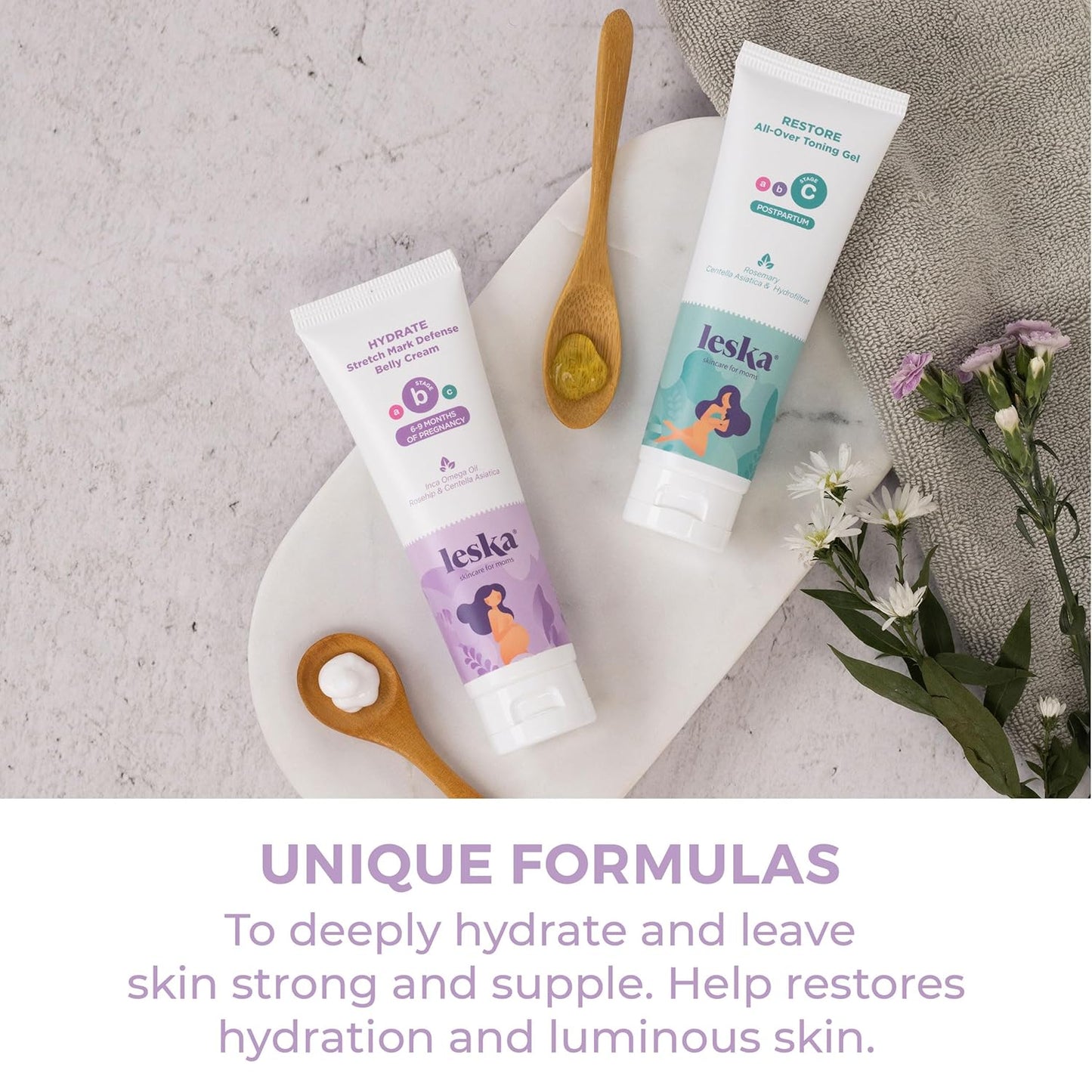 Leska Maternity Stages B & C Set | HYDRATE Belly Cream & RESTORE All-Over Toning Gel | Pregnant Moms Months 6-9 and Postpartum | Part of Complete 3-Part Maternity Skin Care System (Set of 2, 4oz each)