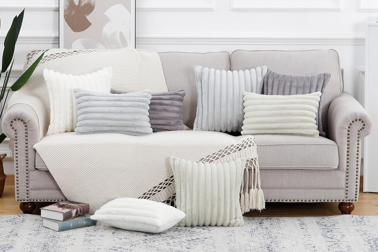 MADIZZ Set of 2 Faux Wool Plush Decorative Throw Pillow Covers 24x24 Inch Grey Fluffy Striped Soft Decorative Cushion Cover for Sofa Bedroom Pillow Shell