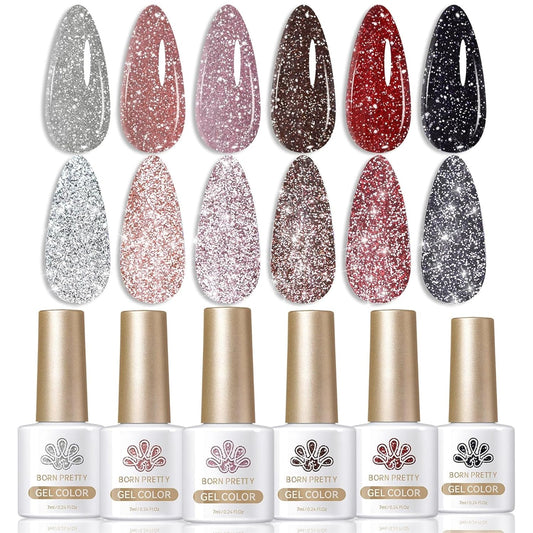 Born Pretty Reflective Red Glitter Gel Polish Christmas Glitter Gel Polish Sparkly Shiny Disco DJ LED Nail Polish Varnish Silver Red Black Colors Collection 6PCS 7ML