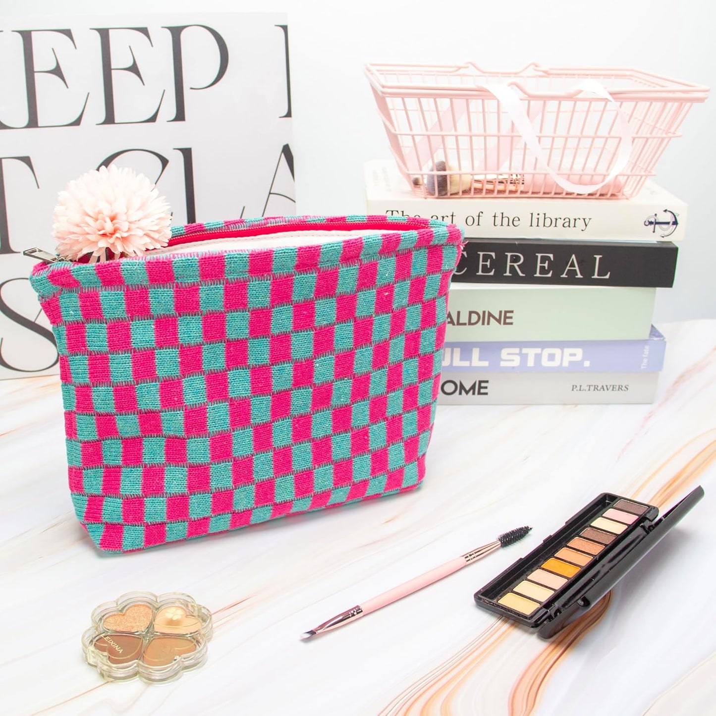 PAZIMIIK Knitted Checkered Makeup Bag Large Zipper Make Up Accessory Pouch for Purse Cosmetic Brush Bag for Travel Essential Magenta Green